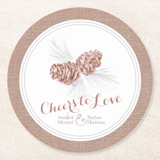 茶色の結婚冬の松のコーン応援愛する ラウンドペーパーコースター (正面)