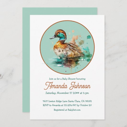 茶色の緑の丸いフレームマラードアヒル赤ちゃんシャワー 招待状 (正面/裏面)