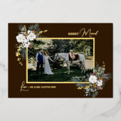 茶色の緑の古風な楽しい結婚写真 箔シーズンカード (正面)