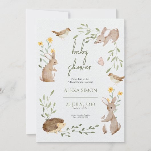 茶色の緑の赤図解入りの、写真付きのちゃんシャワー 招待状 (正面)