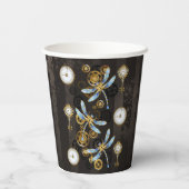 茶色の縞模様の背景に蒸気パンクのトンボ 紙コップ (裏面)