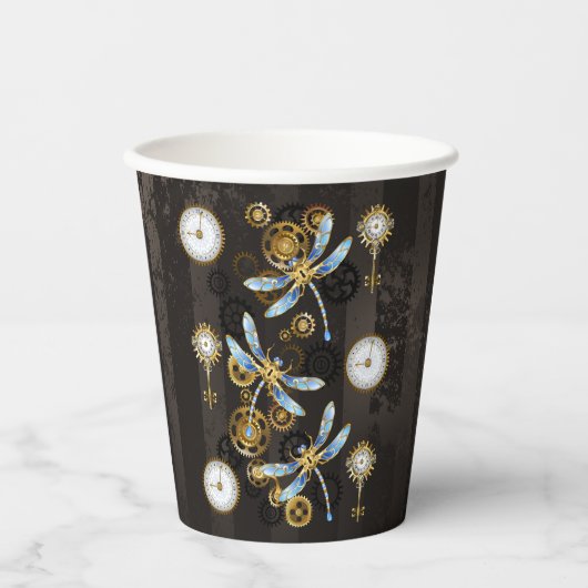 茶色の縞模様の背景に蒸気パンクのトンボ 紙コップ (正面)