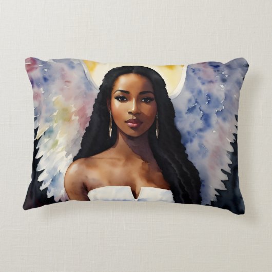 茶色の肌の天使の女性の水のカラーアート アクセントクッション (裏面)