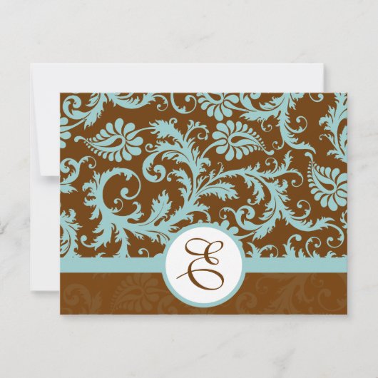 茶色の背景にアクアブルーのダマスク柄のウェディング招待状 招待状 (正面)