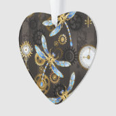 茶色の背景にスチームパンクストライプのトンボ オーナメント (正面)