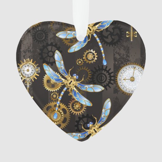 茶色の背景にスチームパンクストライプのトンボ オーナメント (正面)