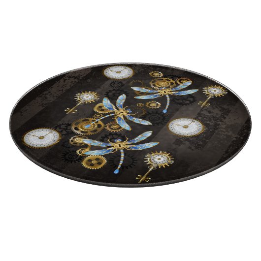 茶色の背景にスチームパンクストライプのトンボ カッティングボード (角)