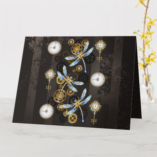 茶色の背景にスチームパンクストライプのトンボ カード (黄色い花)