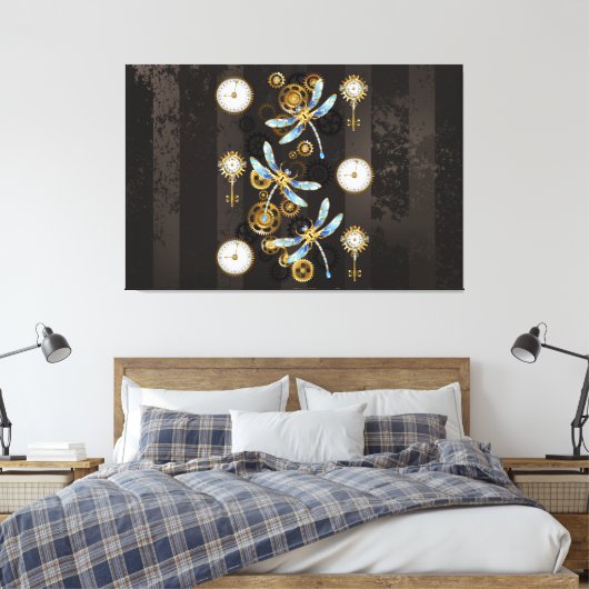 茶色の背景にスチームパンクストライプのトンボ キャンバスプリント (インサイチュ (寝室))