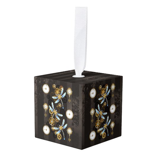 茶色の背景にスチームパンクストライプのトンボ キューブオーナメント (正面アングル)