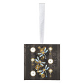 茶色の背景にスチームパンクストライプのトンボ キューブオーナメント (右)