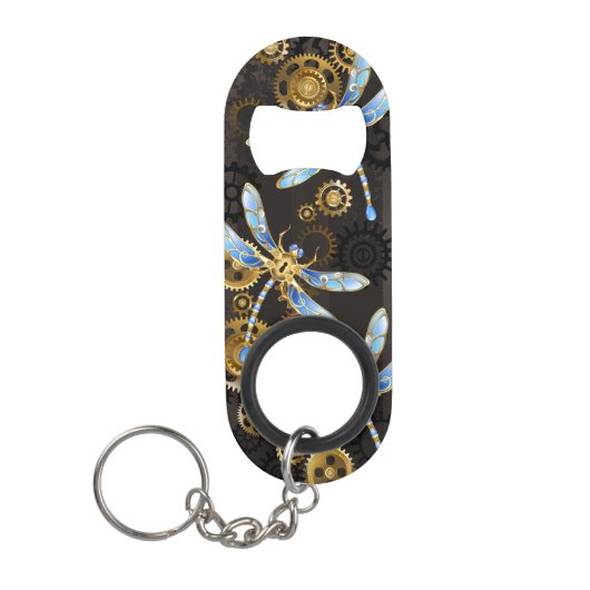 茶色の背景にスチームパンクストライプのトンボ キーホルダー栓抜き (正面)