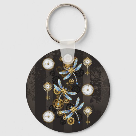 茶色の背景にスチームパンクストライプのトンボ キーホルダー (正面)