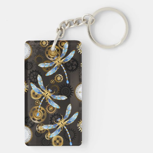 茶色の背景にスチームパンクストライプのトンボ キーホルダー (裏面)
