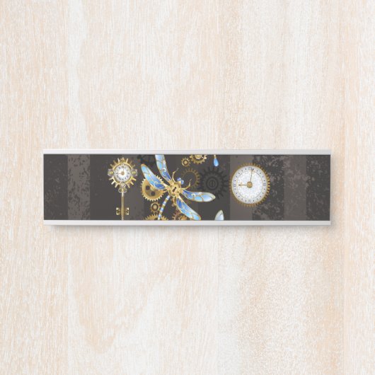 茶色の背景にスチームパンクストライプのトンボ サインプレート (正面)