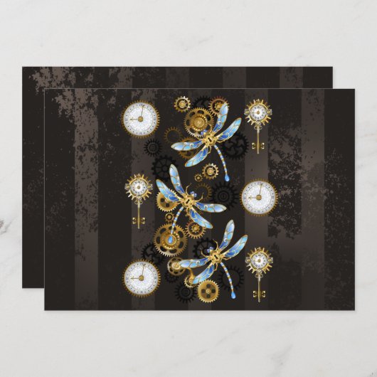 茶色の背景にスチームパンクストライプのトンボ サンキューカード (正面/裏面)