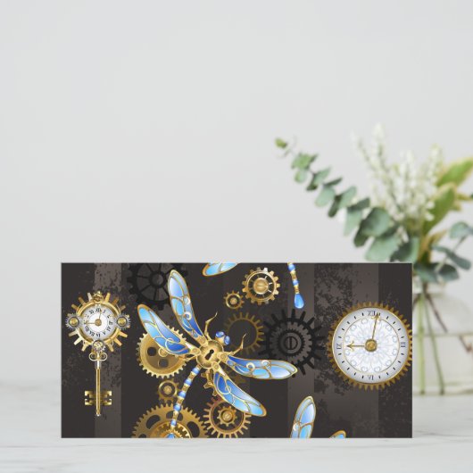 茶色の背景にスチームパンクストライプのトンボ サンキューカード (スタンド正面)