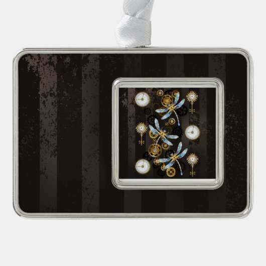 茶色の背景にスチームパンクストライプのトンボ シルバープレートフレームオーナメント (正面)