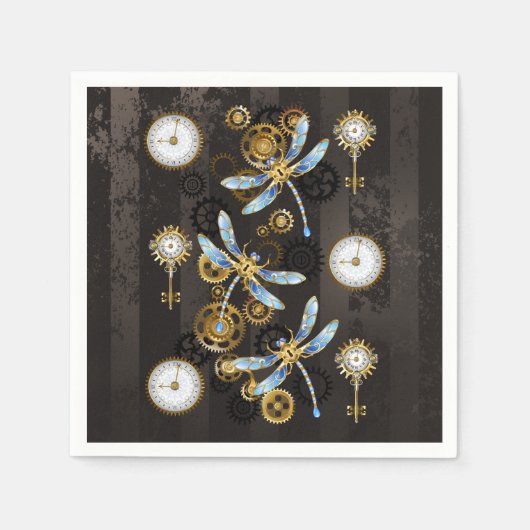 茶色の背景にスチームパンクストライプのトンボ スタンダードカクテルナプキン (正面)