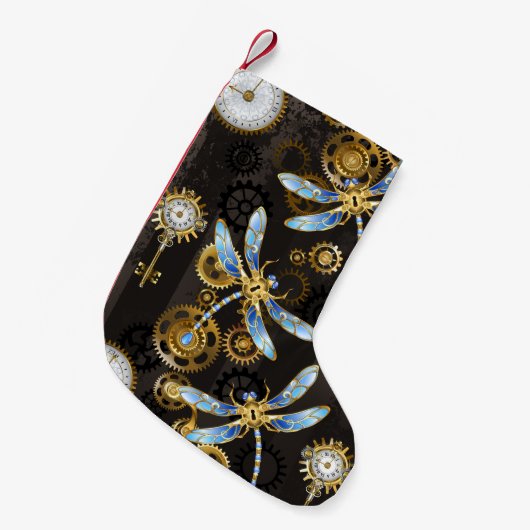 茶色の背景にスチームパンクストライプのトンボ スモールクリスマスストッキング (正面 (吊り時))