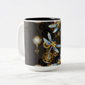 茶色の背景にスチームパンクストライプのトンボ ツートーンマグカップ (正面左)