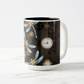 茶色の背景にスチームパンクストライプのトンボ ツートーンマグカップ (正面右)