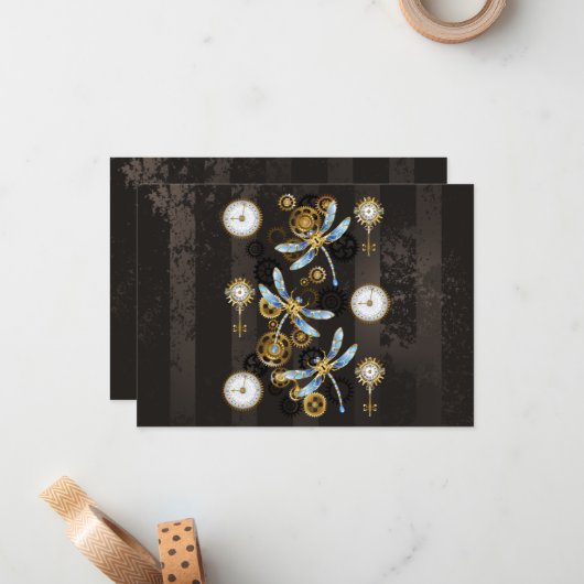 茶色の背景にスチームパンクストライプのトンボ ノートカード (正面/裏面インサイチュ)