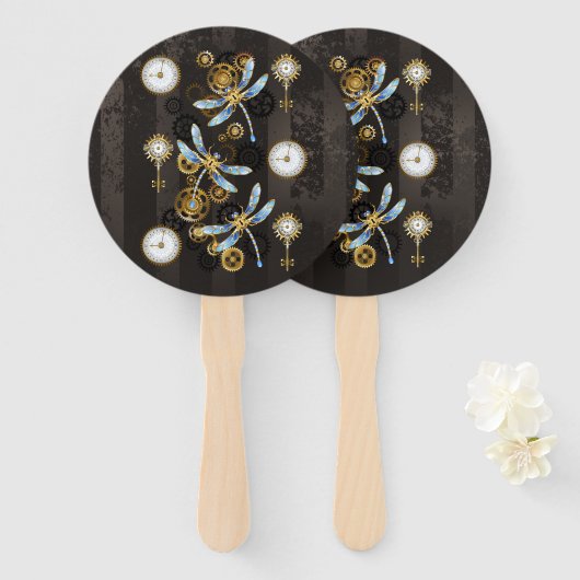 茶色の背景にスチームパンクストライプのトンボ ハンドファン (正面&裏面)