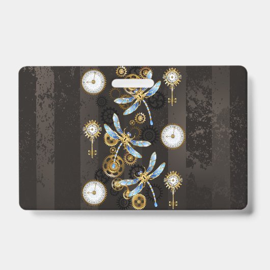 茶色の背景にスチームパンクストライプのトンボ バッジ (Front)