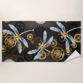 茶色の背景にスチームパンクストライプのトンボ ビーチタオル (正面)