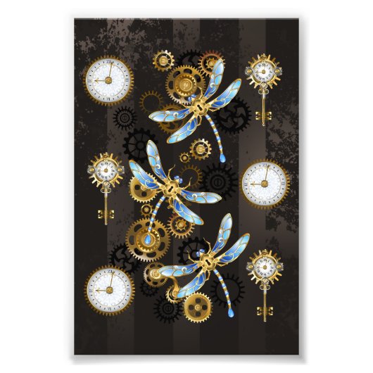 茶色の背景にスチームパンクストライプのトンボ フォトプリント            (正面)