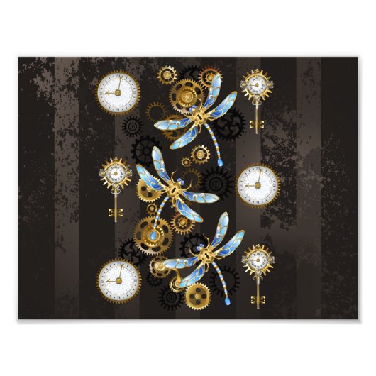 茶色の背景にスチームパンクストライプのトンボ フォトプリント            (正面)