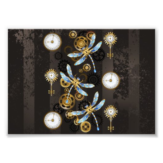 茶色の背景にスチームパンクストライプのトンボ フォトプリント (正面)