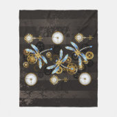 茶色の背景にスチームパンクストライプのトンボ フリースブランケット (正面)