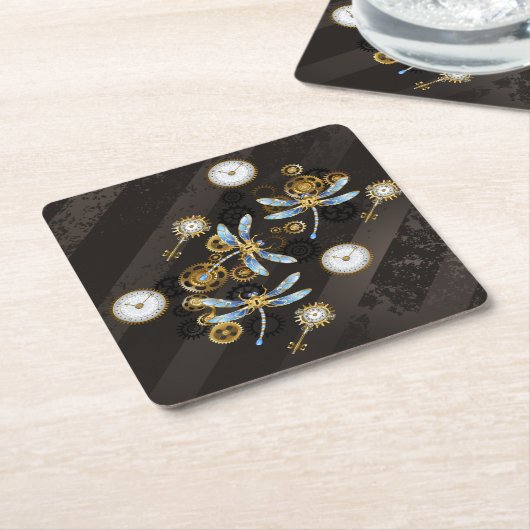 茶色の背景にスチームパンクストライプのトンボ ペーパーコースター (アングル)