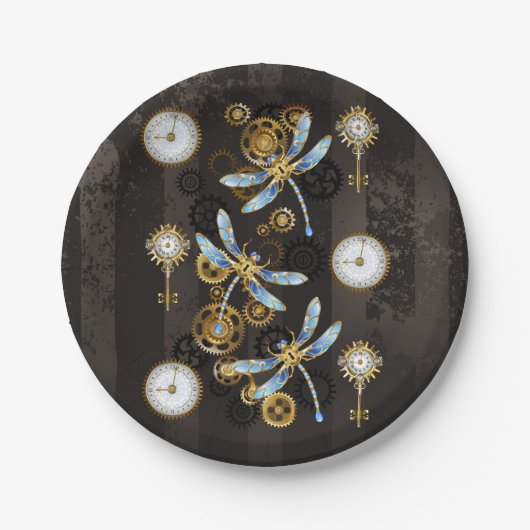 茶色の背景にスチームパンクストライプのトンボ ペーパープレート (正面)