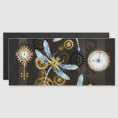 茶色の背景にスチームパンクストライプのトンボ マグネット招待状 (正面/裏面)