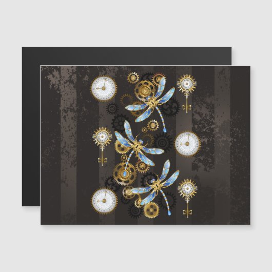 茶色の背景にスチームパンクストライプのトンボ マグネット招待状 (正面/裏面)