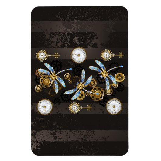 茶色の背景にスチームパンクストライプのトンボ マグネット (縦)