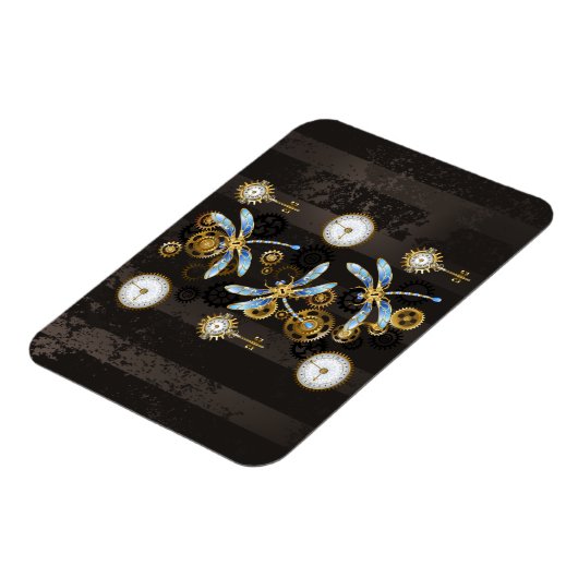 茶色の背景にスチームパンクストライプのトンボ マグネット (左側)