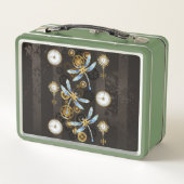 茶色の背景にスチームパンクストライプのトンボ メタルランチボックス (裏面)