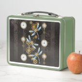 茶色の背景にスチームパンクストライプのトンボ メタルランチボックス (インサイチュ)