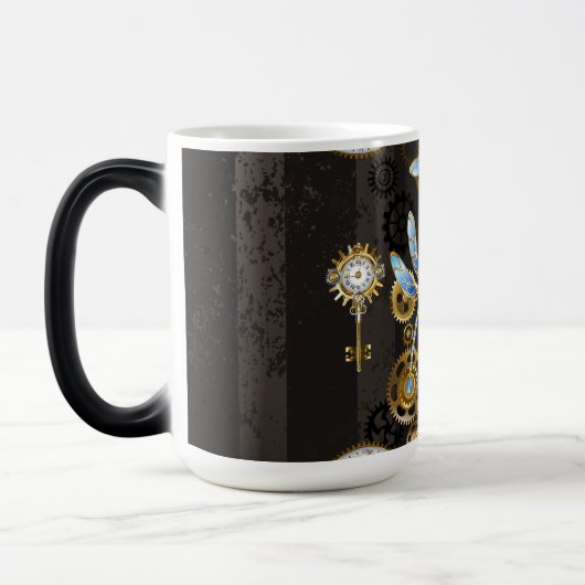 茶色の背景にスチームパンクストライプのトンボ モーフィングマグカップ (左)