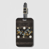 茶色の背景にスチームパンクストライプのトンボ ラゲッジタグ (正面縦)