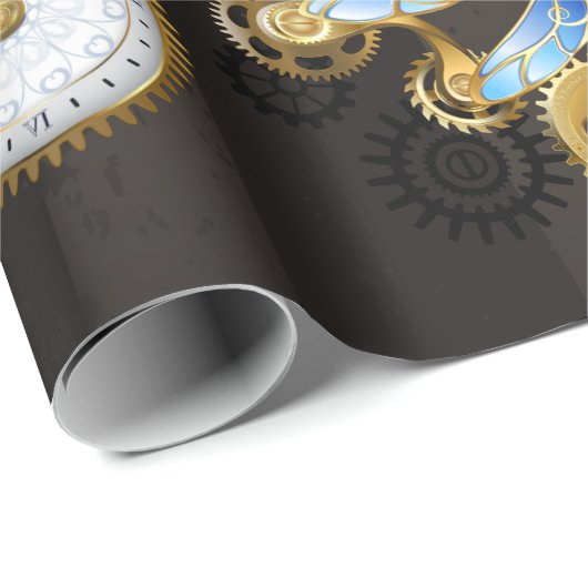 茶色の背景にスチームパンクストライプのトンボ ラッピングペーパー (ロールコーナー)