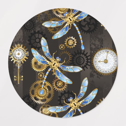 茶色の背景にスチームパンクストライプのトンボ ラベル (デザイン1)