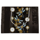 茶色の背景にスチームパンクストライプのトンボ ラージペーパーバッグ (正面)