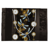 茶色の背景にスチームパンクストライプのトンボ ラージペーパーバッグ (裏面)