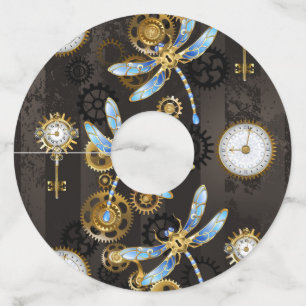 茶色の背景にスチームパンクストライプのトンボ ワイングラスタグ