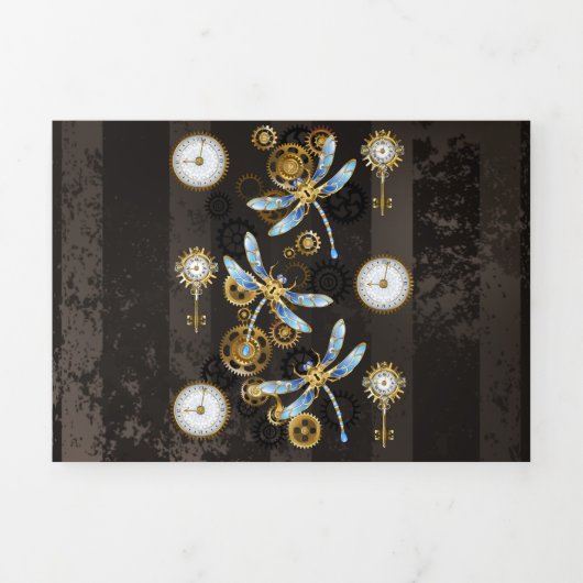 茶色の背景にスチームパンクストライプのトンボ 三つ折りクリスマスカード (カバー)